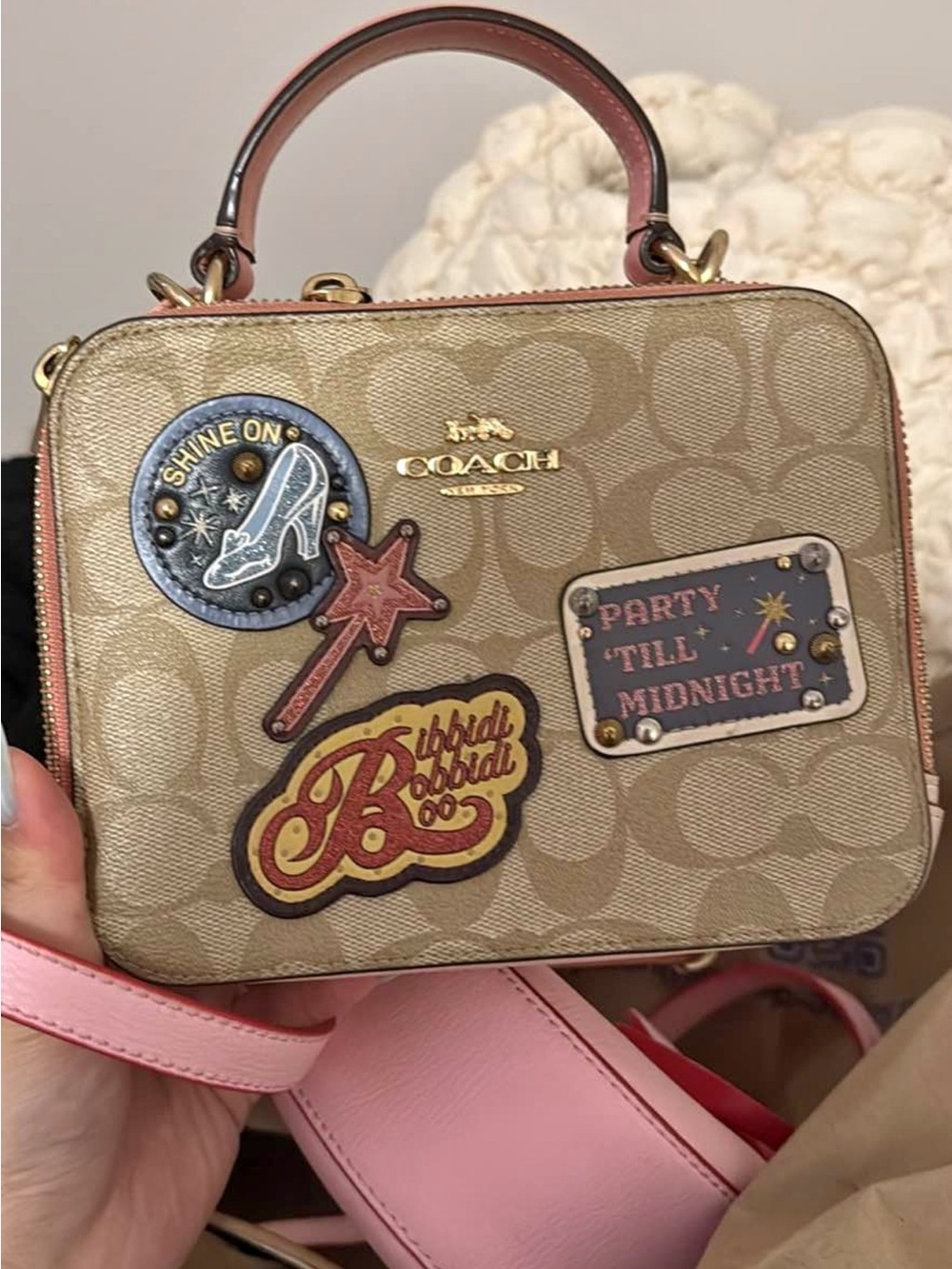 COACH Beige Signature Canvas Crossbody with Pink Trim and Patch Details